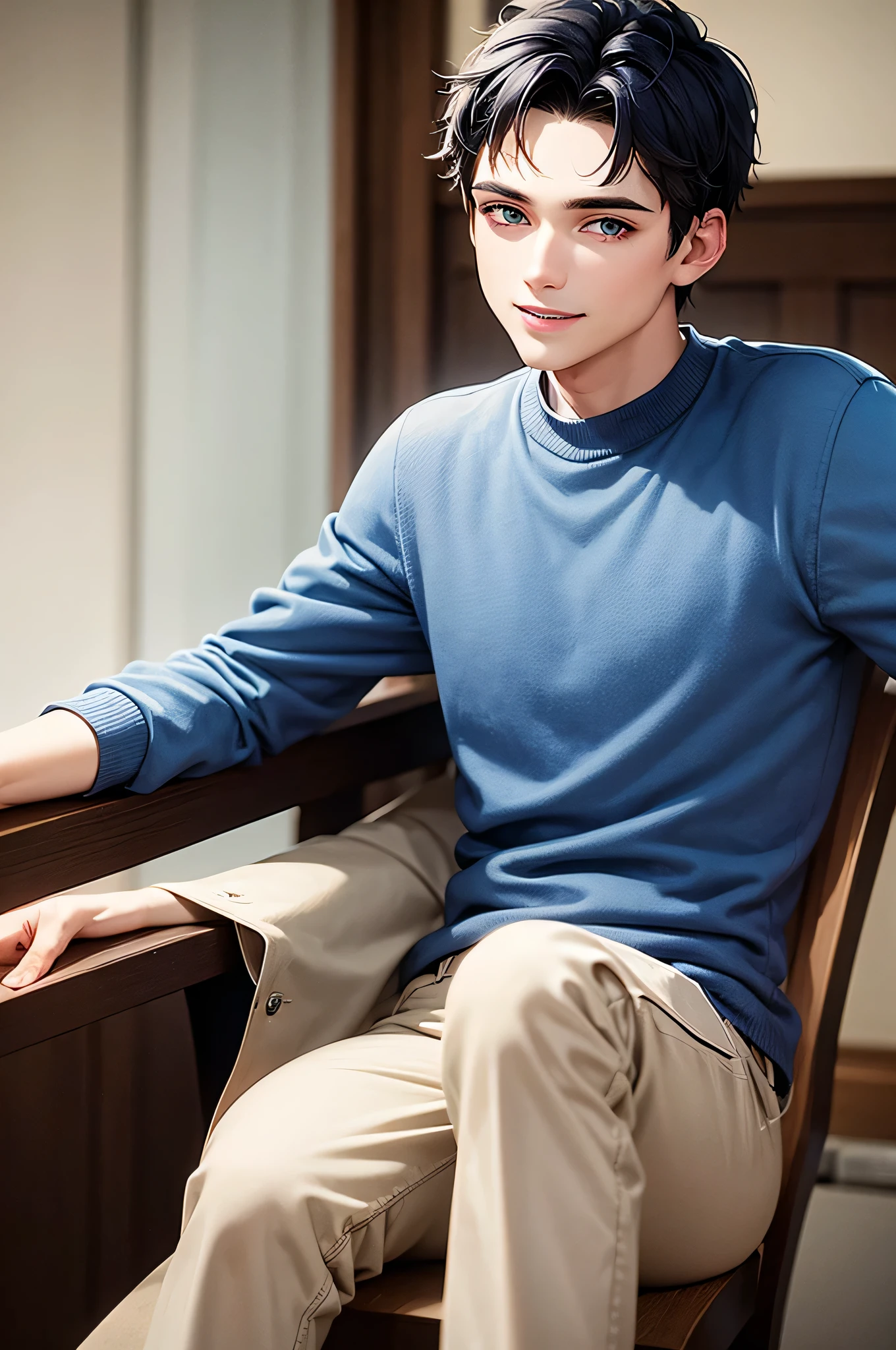 　male　20-year-old　short hair　Dark blue hair　Blue Eyes　Front view　smile　Sitting on a chair
