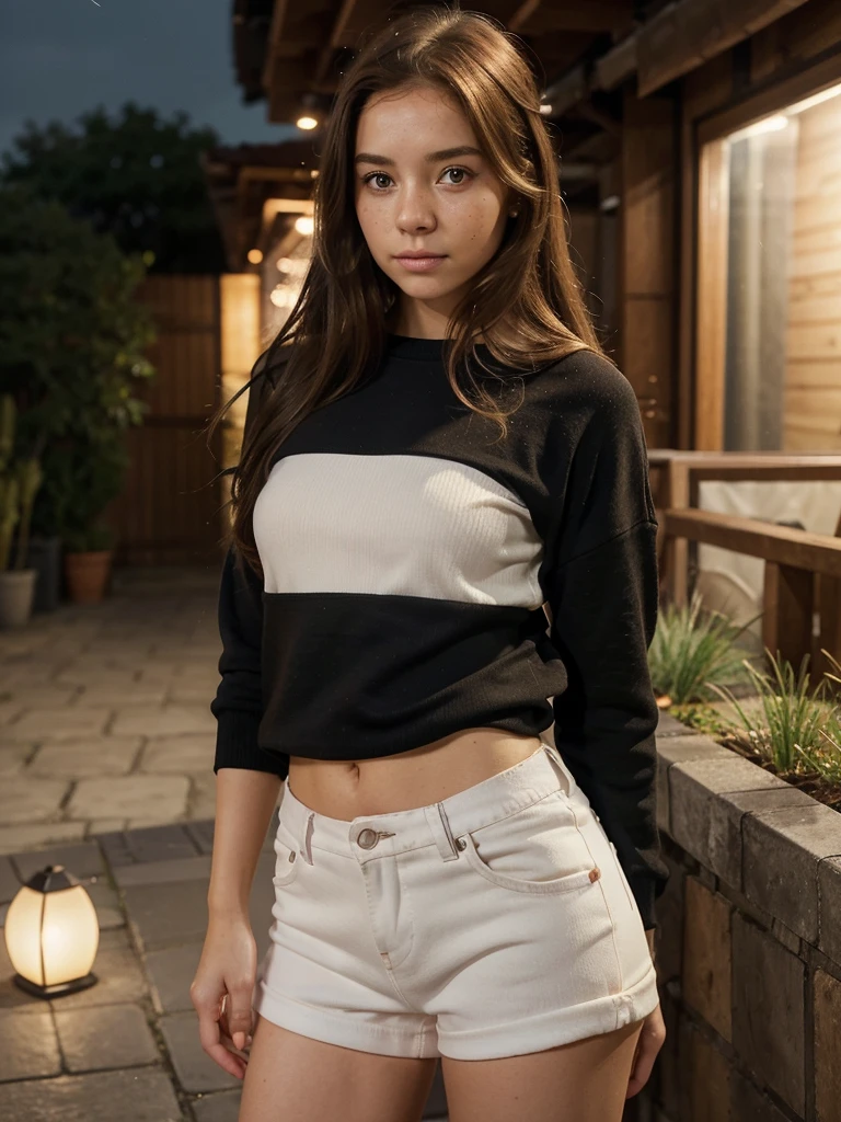 Generate: Realistic, amber haired girl
Face: brown eyes, small frekels (very low quantity), smooth small nose, ears part visible
Body: small waist, thick , hips: middle wide,
Environment: city balkony at early night
Lighting : dawn but generated person fully visible.
Wearing: ai generate:black shorts
Make the face a little less smooth and add a few freckels to the nose and cheeks
Ai generate: Make it look like the person is taking a selfie
Make the eyes a litte smaller and more realistic
Aigenerate: red pullover, white tight jeans
