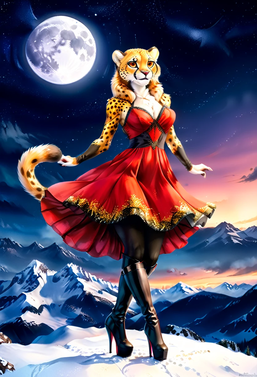 a watercolor picture of a female (cheetah anthomorph: 1.5) wearing a red evening dress, elegant, intricate detailed dress, silk dress, she wears elegant high heeled boots, exquisite high heeled boots, female cheetah anthomorph, (wild beauty: 1.3) , (ultra feminine: 1.2), ultra detailed face, fangs revealing smile, she stands on the the top of a snowy mountain, elegant cocktail party on the top of a snowy mountain background, night time, some stars the moon is rising, best details, best quality, highres, ultra wide angle, 16k, [ultra detailed], masterpiece, best quality, (extremely detailed), full body, ultra wide shot, photorealistic, ladyshado, Cinematic Hollywood Film style, traditional watercolor painting