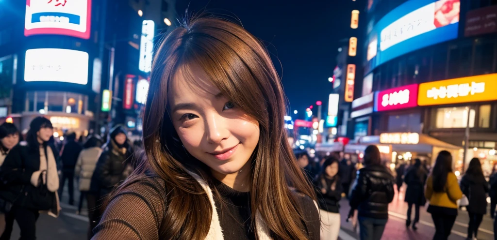 Brown hair, winking, Shibuya night