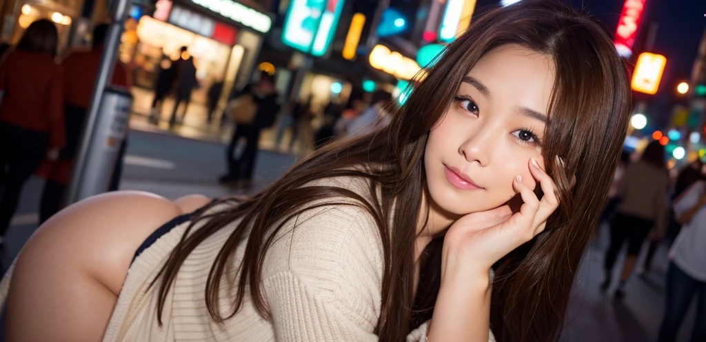 Brown hair, winking, Shibuya night