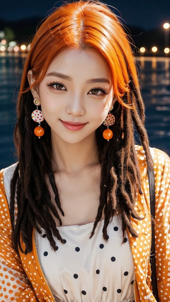 asian、women、female、young adult、medium short hair、dreadlocks、orange hair、glossy、smile、odd eye、tall、many girls、eyeshadow、polka dots、earrings、lake、midnight
