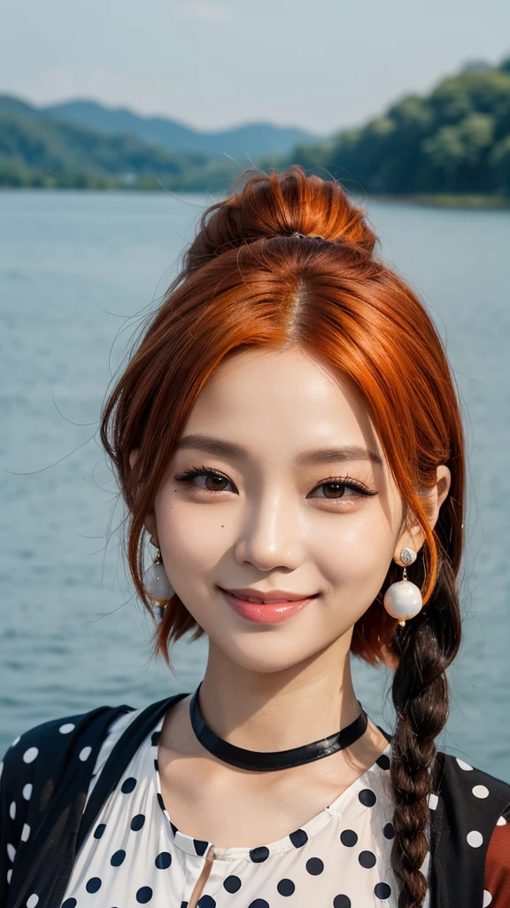asian、women、female、young adult、medium short hair、dreadlocks、orange hair、glossy、smile、odd eye、tall、many girls、eyeshadow、polka dots、earrings、lake、midnight