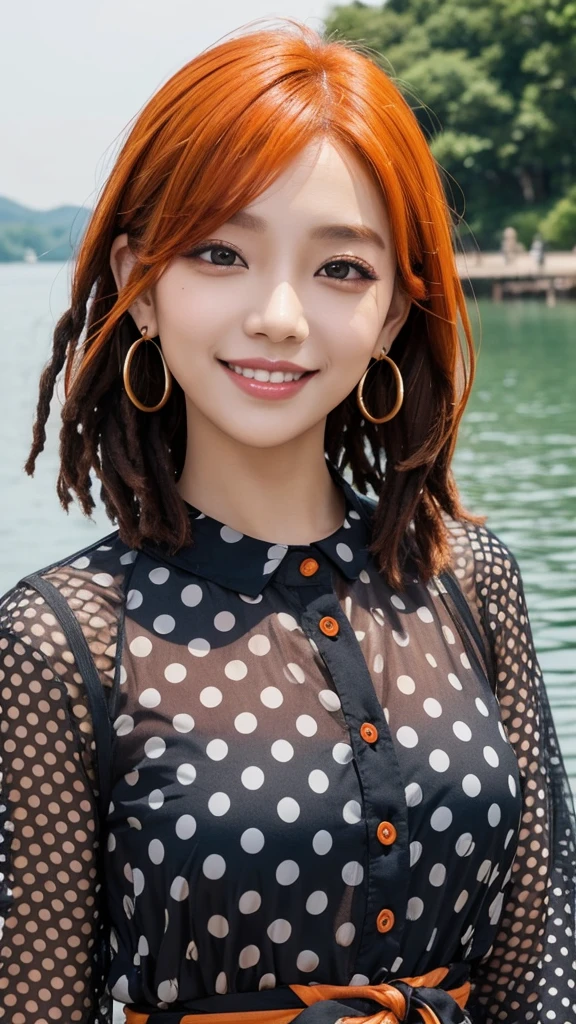 asian、women、female、young adult、medium short hair、dreadlocks、orange hair、glossy、smile、odd eye、tall、many girls、eyeshadow、polka dots、earrings、lake、midnight