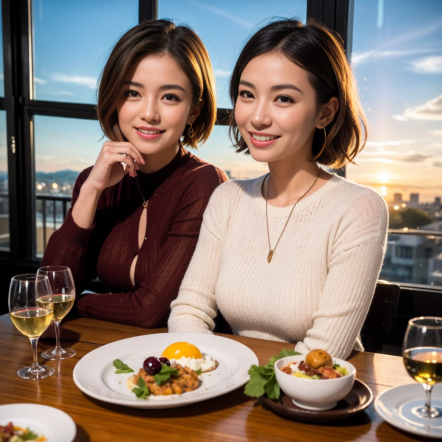 ((Highest quality、8K、masterpiece:1.3))、 (Ultra-realistic、 Genuine、Bright image、Intricate details:1.2), 最高のsmile、1 male 1 female、Beautiful couple、Love Love Love、Lovers in Osaka、Good friends、actress couple、smile、Full-course dinner at a packed table、 (Slim face), (the body is slim), (Brown Hair), (short hair), テーブルのwine glass、Please shine a light on my face、 Amazing view of the sunset sky and clouds、36 years old 39 years old, red wine 、Wine bottle、sparkling wine、Long sleeve shirt、dress、White wine, red wine, wine glass,
