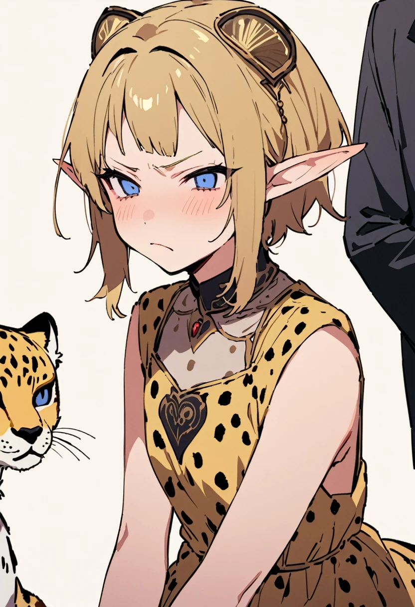 masterpiece, Highest quality, Illustration of the novel, High resolution, 18+ Adult content, Sensual, Intimate, Emotional, Passionate, romantic, sweet, Adorable, Innocent, Pure, charmな, charmな, charm, mysterious, charmな, charmな, Immersive, charmな, dream-like, Surreal, Imaginative, Whimsical, Artistic, Avant-garde, timeless, elegant, Sophisticated, chic, Sophisticated, Personality, original, charmな,((Loli Elf:1.3)),((A look of disgust:1.3))、Upper Body、(A Cheetah/A cheetah/Cheetah Dress:1.3)