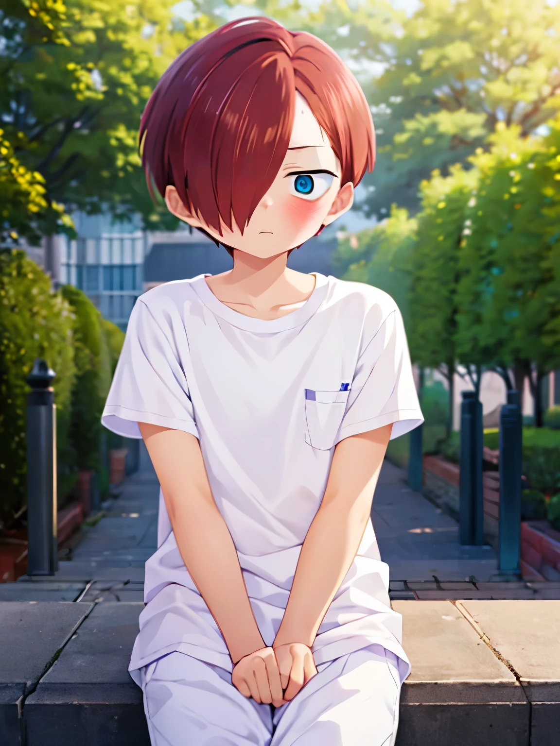 1boy, solo, male focus, kyoutarou_ichikawa, red hair, blue eyes, short hair, hair over one eye, bangs,Sitting in the park,blush, Awestruck expression,White t-shirt,Plain t-shirt, white trousers