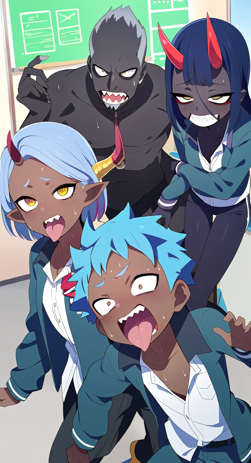 Black Skin、Dark skin、Tongue out、Blue Hair、Slanted Eyes、Yellow Eyes、Jagged teeth、classroom、Brat、uniform、horn、pants、pants濡れてる、Sweaty、