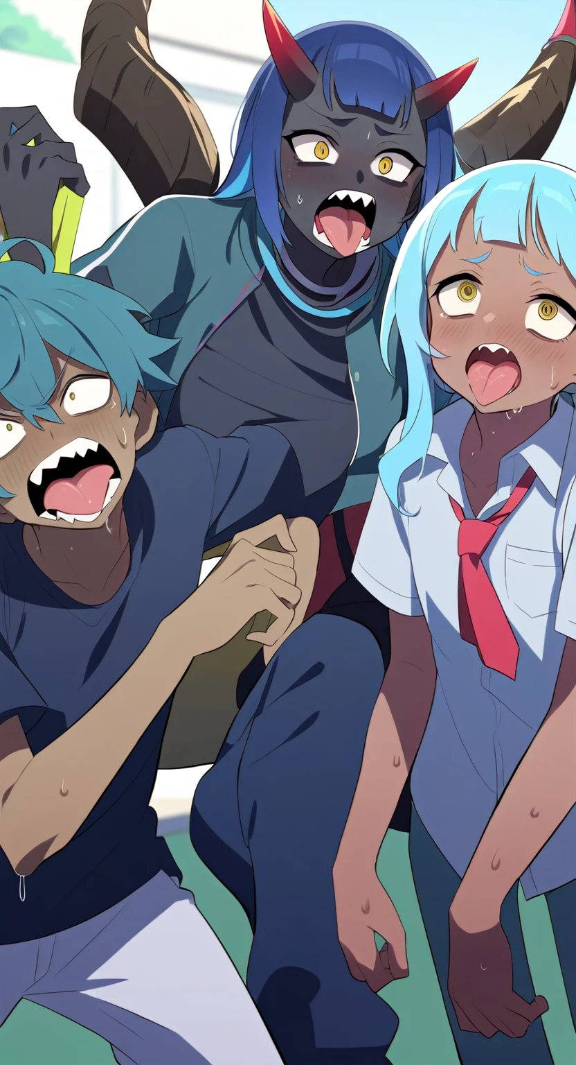 Black Skin、Dark skin、Tongue out、Blue Hair、Slanted Eyes、Yellow Eyes、Jagged teeth、classroom、Brat、uniform、horn、pants、pants濡れてる、Sweaty、