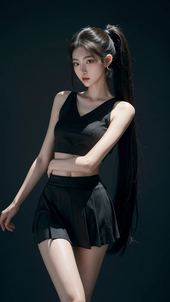 korean model , slim body , 167cm ,Movie Angle,long black ponytails hairstyle, (Cute girl,anatomy correct,loose skirt,( art,geomerty),(plethora of colorest quality,high detal,tmasterpiece,Cinematic lighting effects,4K,Chiaroscuro)