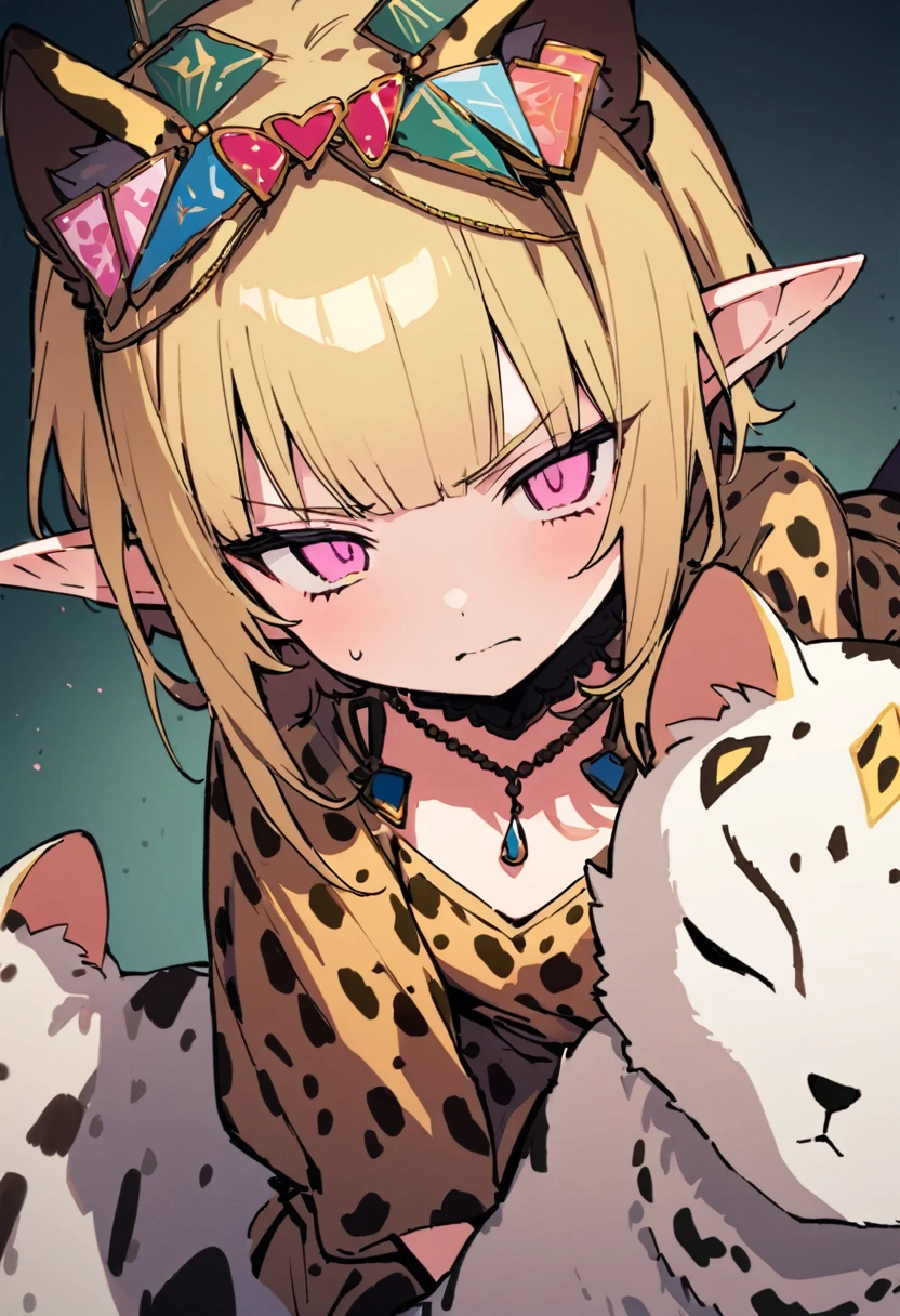 masterpiece, Highest quality, Illustration of the novel, High resolution, 18+ Adult content, Sensual, Intimate, Emotional, Passionate, romantic, sweet, Adorable, Innocent, Pure, charmな, charmな, charm, mysterious, charmな, charmな, Immersive, charmな, dream-like, Surreal, Imaginative, Whimsical, Artistic, Avant-garde, timeless, elegant, Sophisticated, chic, Sophisticated, Personality, original, charmな,((Loli Elf:1.3)),((A look of disgust:1.3))、Upper Body、(A Cheetah/A cheetah/Cheetah Dress:1.3)