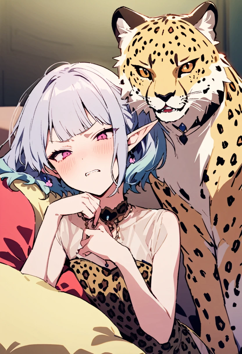 masterpiece, Highest quality, Illustration of the novel, High resolution, 18+ Adult content, Sensual, Intimate, Emotional, Passionate, romantic, sweet, Adorable, Innocent, Pure, charmな, charmな, charm, mysterious, charmな, charmな, Immersive, charmな, dream-like, Surreal, Imaginative, Whimsical, Artistic, Avant-garde, timeless, elegant, Sophisticated, chic, Sophisticated, Personality, original, charmな,((Loli Elf:1.3)),((A look of disgust:1.3))、Upper Body、(A Cheetah/A cheetah/Cheetah Dress:1.3)