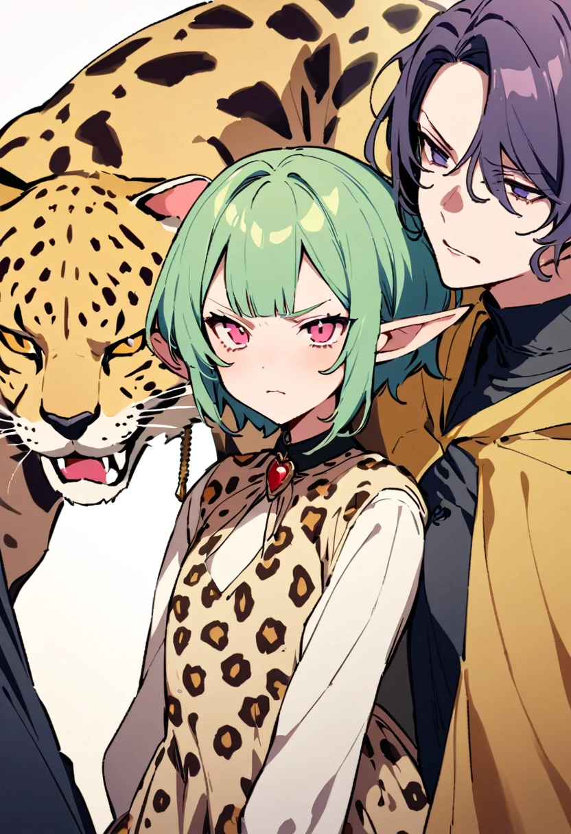masterpiece, Highest quality, Illustration of the novel, High resolution,  , Sensual, Intimate, Emotional, Passionate, romantic, sweet, Adorable, Innocent, Pure, charmな, charmな, charm, mysterious, charmな, charmな, Immersive, charmな, dream-like, Surreal, Imaginative, Whimsical, Artistic, Avant-garde, timeless, elegant, Sophisticated, chic, Sophisticated, Personality, original, charmな,(( Elf:1.3)),((A look of disgust:1.3))、Upper Body、(A Cheetah/A cheetah/Cheetah Dress:1.3)