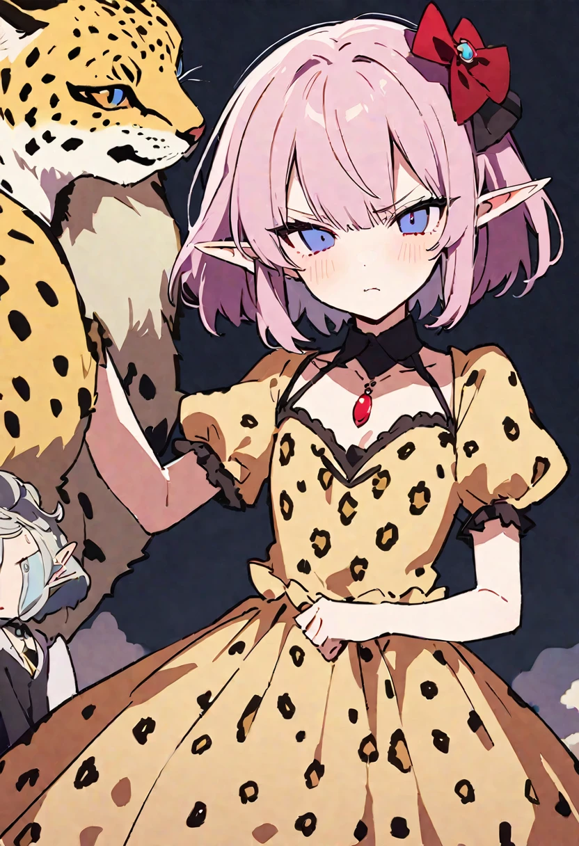 masterpiece, Highest quality, Illustration of the novel, High resolution, 18+ Adult content, Sensual, Intimate, Emotional, Passionate, romantic, sweet, Adorable, Innocent, Pure, charmな, charmな, charm, mysterious, charmな, charmな, Immersive, charmな, dream-like, Surreal, Imaginative, Whimsical, Artistic, Avant-garde, timeless, elegant, Sophisticated, chic, Sophisticated, Personality, original, charmな,((Loli Elf:1.3)),((A look of disgust:1.3))、Upper Body、(A Cheetah/A cheetah/Cheetah Dress:1.3)