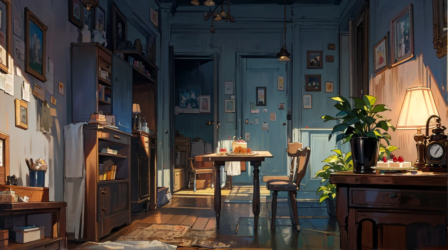 （best quality，masterpiece：1.2，detailed details，4k），A dim old apartment, a small birthday cake on an old wooden table, a modern apartment, an alarm clock on the wall, an anime scene,the wooden floor, 