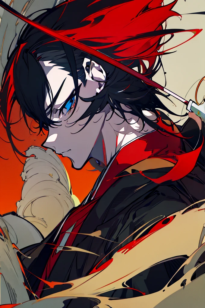 a close up of a person with a sword and a guy with a red dress, handsome guy in demon slayer art, best anime character design, detailed anime character art, anime character; full body art, anime character design a death god, character adoptable, handsome japanese demon boy, bloody + concept art, official character art, onmyoji detailed art, beautiful male god of death a close up of a person in a black dress with a gold belt, flowing white robes, white haired deity, genshin impact character, golden-black robes, picture of a male samurai and death god, d&d dark sun character art, official character art, portrait of ororo munroe, holding a katana, holding a katana, holding a katana, holding a katana, holding a katana, bloody, bloody, bloody, bloody, red and golden effects, red and golden effects, red effects, golden effects,black hair, black hair, black hair, black hair, black hair, golden effects, golden effects, BLUE eyes, BLUE eyes, BLUE eyes, BLUE eyes