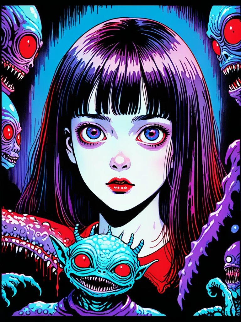 illust、art、from 80s horror movie, directed by Junji Ito、Pale-faced girl、Infested by a disgusting alien creature、high detail, realsitic shadow、Analog style, vhs style, 8mm film, chromatic aberration, Dvd screengrab、Blue-purple and red-purple gradation