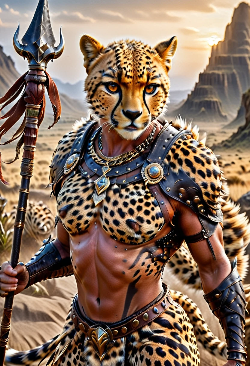 a close up portrait of male (cheetah anthomorph: 1.5) as barbarian warrior, muscled (cheetah anthomorph: 1.5), wearing leather armor, bare chested, necklace of fangs, armed with a spear, deep feline eyes, intent gaze, roaring with mouth full of fangs, wild savannah background, sense of awe, sense of fear, wildness in its might and glory, best details, best quality, highres, ultra wide angle, 16k, [ultra detailed], masterpiece, best quality, (extremely detailed), photorealistic, Cinematic Hollywood Film, Spear and Shield, Amber cat eyes