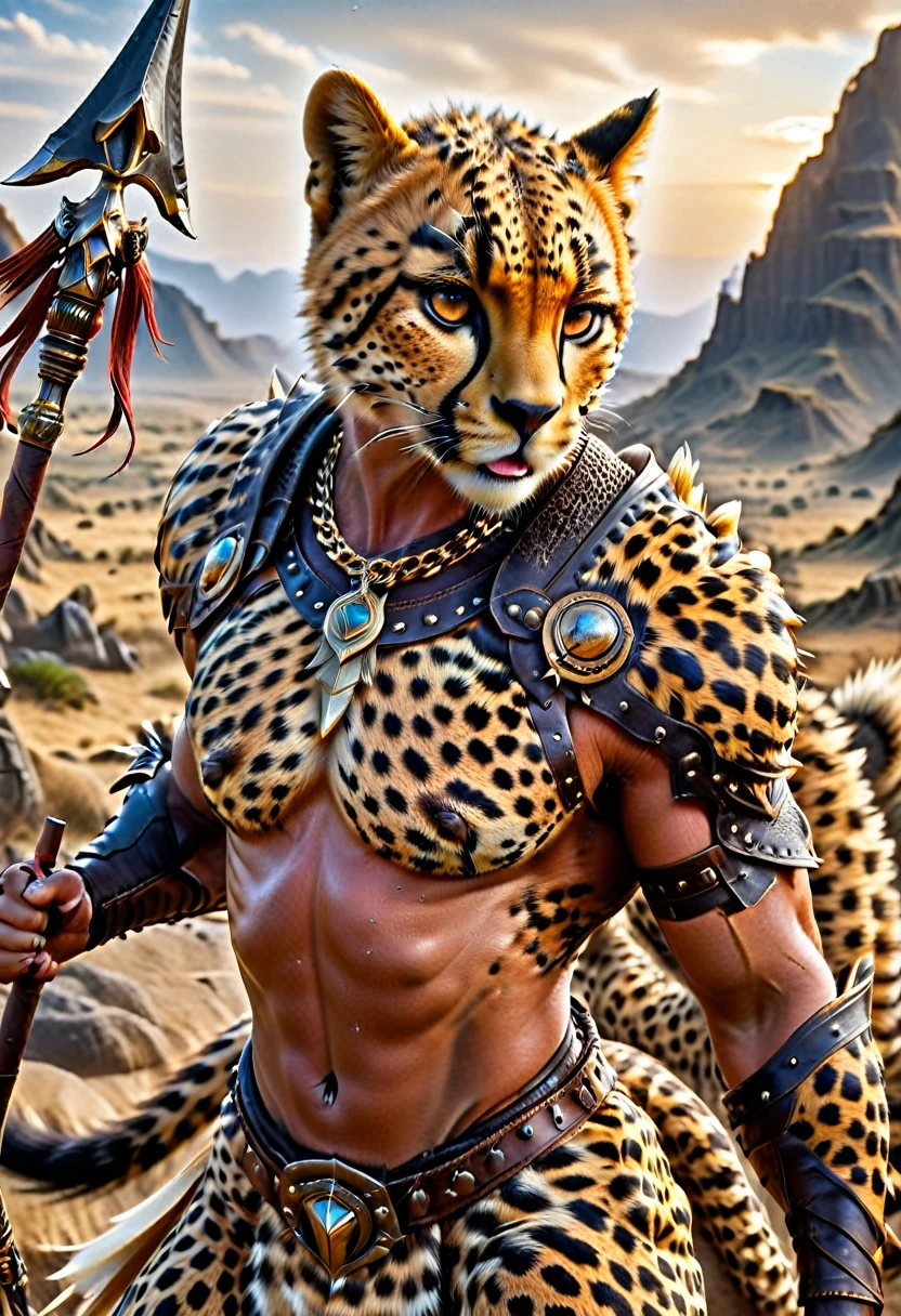 a close up portrait of male (cheetah anthomorph: 1.5) as barbarian warrior, muscled (cheetah anthomorph: 1.5), wearing leather armor, bare chested, necklace of fangs, armed with a spear, deep feline eyes, intent gaze, roaring with mouth full of fangs, wild savannah background, sense of awe, sense of fear, wildness in its might and glory, best details, best quality, highres, ultra wide angle, 16k, [ultra detailed], masterpiece, best quality, (extremely detailed), photorealistic, Cinematic Hollywood Film, Spear and Shield, Amber cat eyes