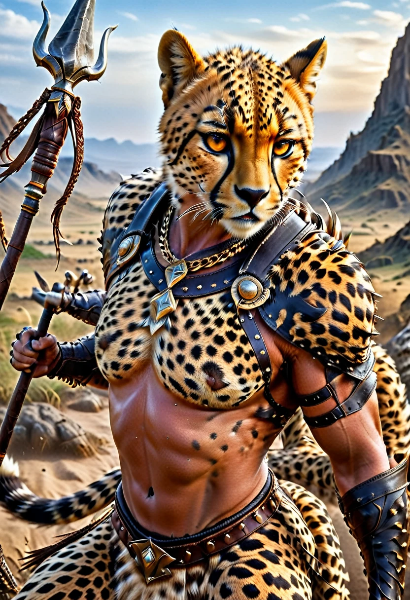 a close up portrait of male (cheetah anthomorph: 1.5) as barbarian warrior, muscled (cheetah anthomorph: 1.5), wearing leather armor,  chested, necklace of fangs, armed with a spear, deep feline eyes, intent gaze, roaring with mouth full of fangs, wild savannah background, sense of awe, sense of fear, wildness in its might and glory, best details, best quality, highres, ultra wide angle, 16k, [ultra detailed], masterpiece, best quality, (extremely detailed), photorealistic, Cinematic Hollywood Film, Spear and Shield, Amber cat eyes
