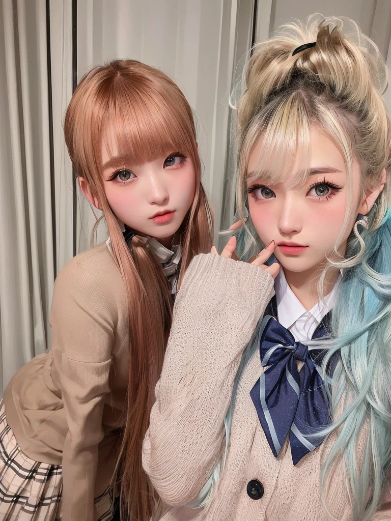 Two girls with long hair, one with blue hair, posing for a photo, Twin tails, Ayami Kojima and Ryde Caldwell, dlc, Hime cut, nixeu and sakimichan, Portrait of a Japanese Gal, Yoshitomo Nara and Aya Takano, Twin tails hairstyle, Naughty Style, Harajuku Hair, Larisa Manovar