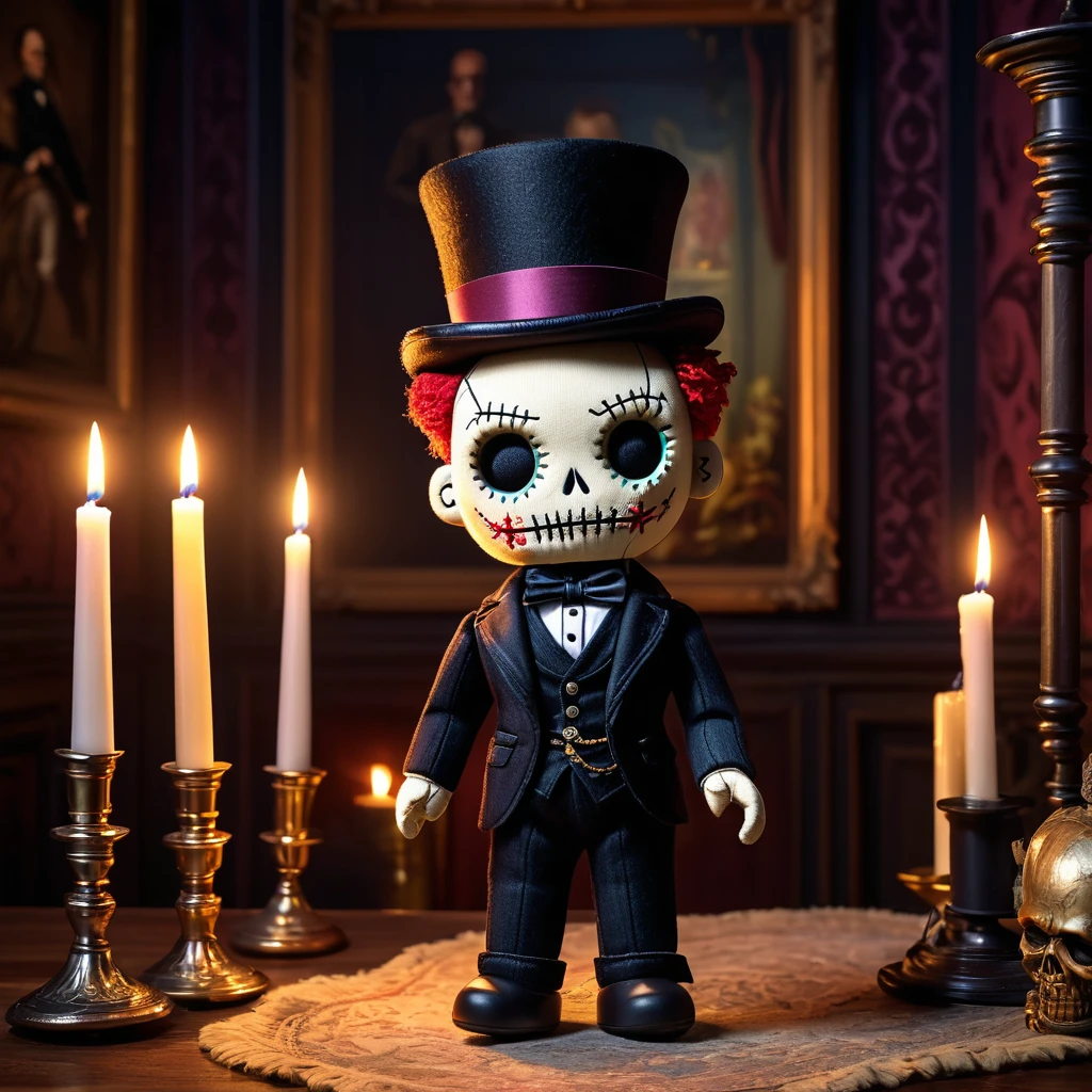 (knitted toy voodoo doll:1.2), (Voodoo Dark Aristocrat:1.3), (clothes Antique suit, cane, top hat:1.0), (in the background Victorian mansion, candles, shadows on the walls:1.3), best quality, masterpiece, detailed soft oil painting, detailed background, dramatic cinematic lighting, soft edge lighting, professional, dramatic lighting, hard edge lighting, ultra quality, 4k,masterpiece, best quality, 8k, ultra highres, highres, extremely detailed