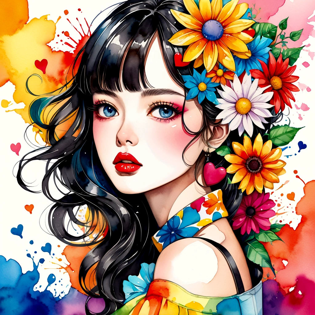 Eku Uekura Style、(((stylish fashion))), 8K Quality、Intense watercolor, Detailed watercolor art, Watercolor splash, Surreal, avant-garde pop art, Beautiful and expressive paintings, Beautiful artwork illustration, Very colorful tones, wonderful, Cool beauty, highest quality、Official Art, Vector art, Stylish design, (((The most beautiful girl))), (((highest quality))), HDR, ((detailed)), (((Doodle Art)), ((masterpiece)), ((Super detailed)), (((Colorful flowers))), colorful hearts, (((Stylish))), Lips in love