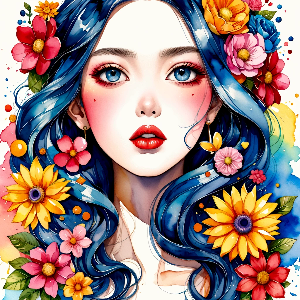 Eku Uekura Style、(((stylish fashion))), 8K Quality、Intense watercolor, Detailed watercolor art, Watercolor splash, Surreal, avant-garde pop art, Beautiful and expressive paintings, Beautiful artwork illustration, Very colorful tones, wonderful, Cool beauty, highest quality、Official Art, Vector art, Stylish design, (((The most beautiful girl))), (((highest quality))), HDR, ((detailed)), (((Doodle Art)), ((masterpiece)), ((Super detailed)), (((Colorful flowers))), colorful hearts, (((Stylish))), Lips in love