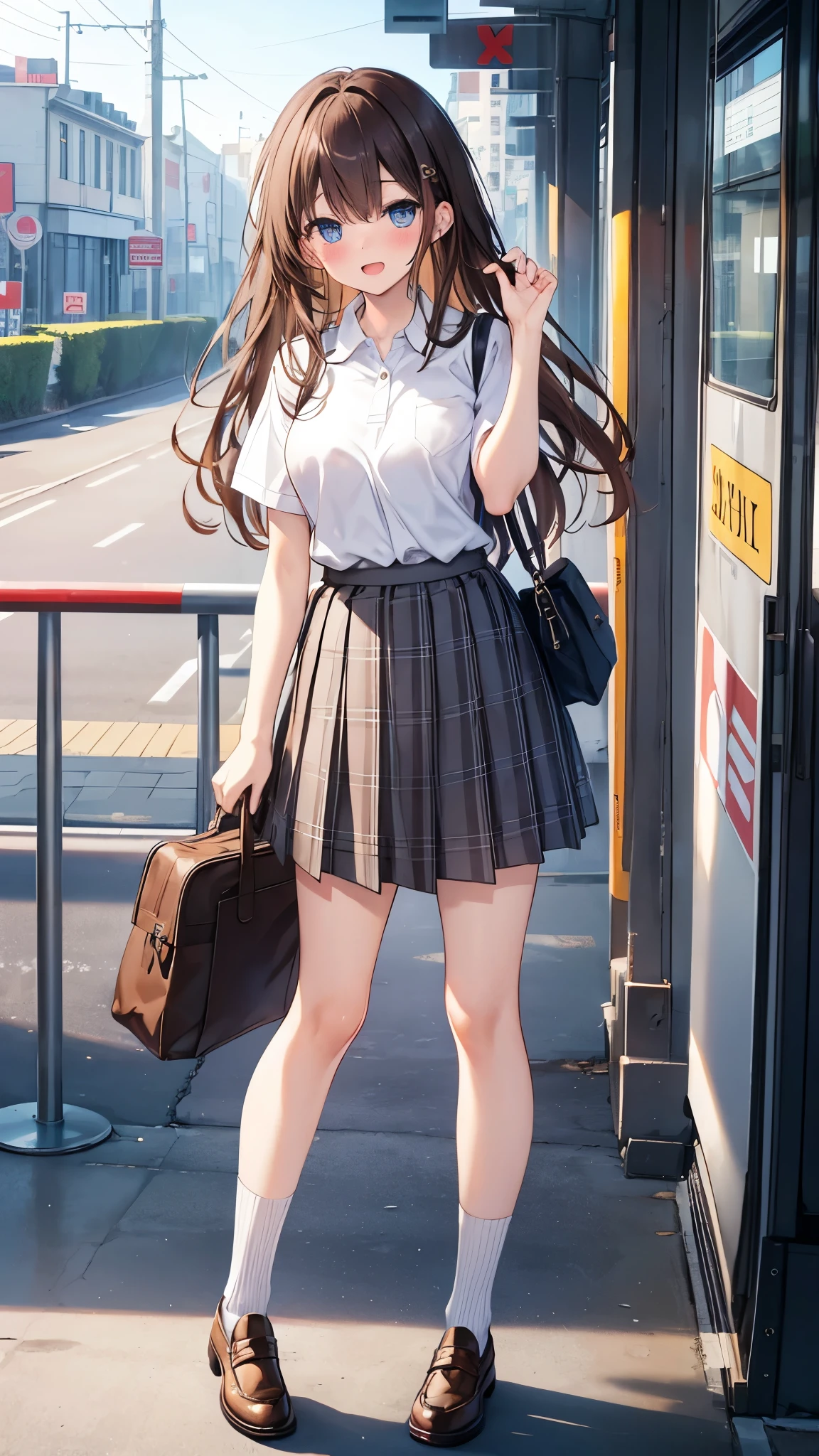 long hair, looking at viewer, blush, smile, open mouth, bangs, blue eyes, multiple girls, skirt, brown hair, shirt, black hair, short sleeves, brown eyes, long hair, standing, white polo shirt, pleated skirt, outdoors, open clothes, shoes, day, socks, striped, collared shirt, hand up, 3girls, bag, plaid, kneehighs, nose blush, plaid skirt, brown footwear, flying sweatdrops, loafers, grey skirt, school bag, diagonal stripes, train station