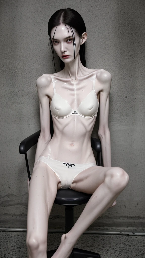 a woman, very thin body, body visible bones, very slender, sweaty wet body, pale white skin, , ,tatto, full body, has a mental breakdown in an underground prison, sit on chair