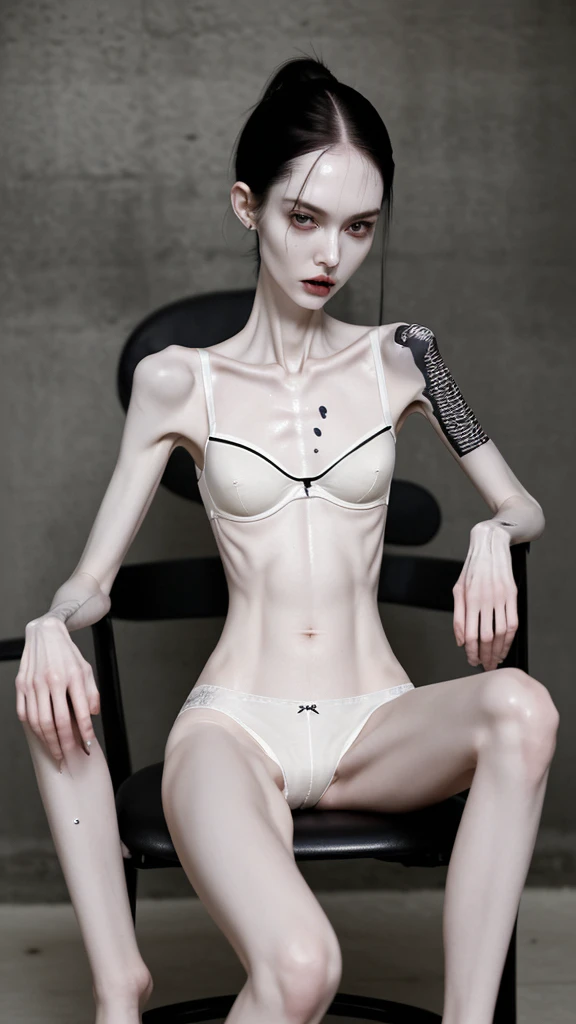 a woman, very thin body, body visible bones, very slender, sweaty wet body, pale white skin, panties, bra,tatto, full body, has a mental breakdown in an underground prison, sit on chair