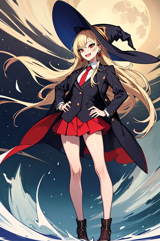 (absurdres, 8k, 4k, masterpiece, hyper extreme detailed:1.2), solo, 1girl, side view, perfect face, 1girl, portrait, looking at viewer, standing, Female, Mature Female, very long hair, 8k uhd, 1girl, slender, cowboy shot, standing, half body, front view, red tie, night sky, moon, stockings, big witch hat, witch, blonde hair, piercings, earrings, detailed eyes, expressive eyes, colorful pupils, blazer, skirt, smile, fang tooth, red eyes, earrings, hand on hip, flat chest, looking forward, front view, messy hair, wind, windy, moving hair, moving clothes, swept bangs, mature body, gyaru, crazy face, crazy eyes, crazy smile, full body