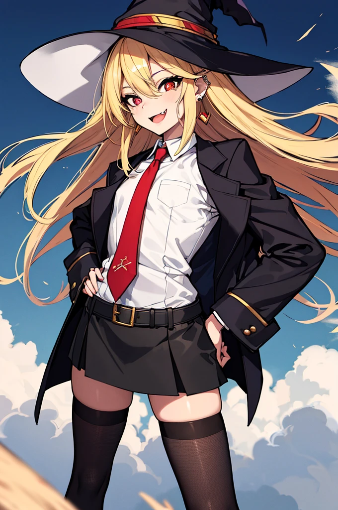 (absurdres, 8k, 4k, masterpiece, hyper extreme detailed:1.2), solo, 1girl, side view, perfect face, 1girl, portrait, looking at viewer, standing, Female, Mature Female, very long hair, 8k uhd, 1girl, slender, cowboy shot, standing, half body, front view, red tie, night sky, moon, stockings, big witch hat, witch, blonde hair, piercings, earrings, detailed eyes, expressive eyes, colorful pupils, blazer, skirt, smile, fang tooth, red eyes, earrings, hand on hip, flat chest, looking forward, front view, messy hair, wind, windy, moving hair, moving clothes, swept bangs, mature body, gyaru, crazy face, crazy eyes, crazy smile, full body