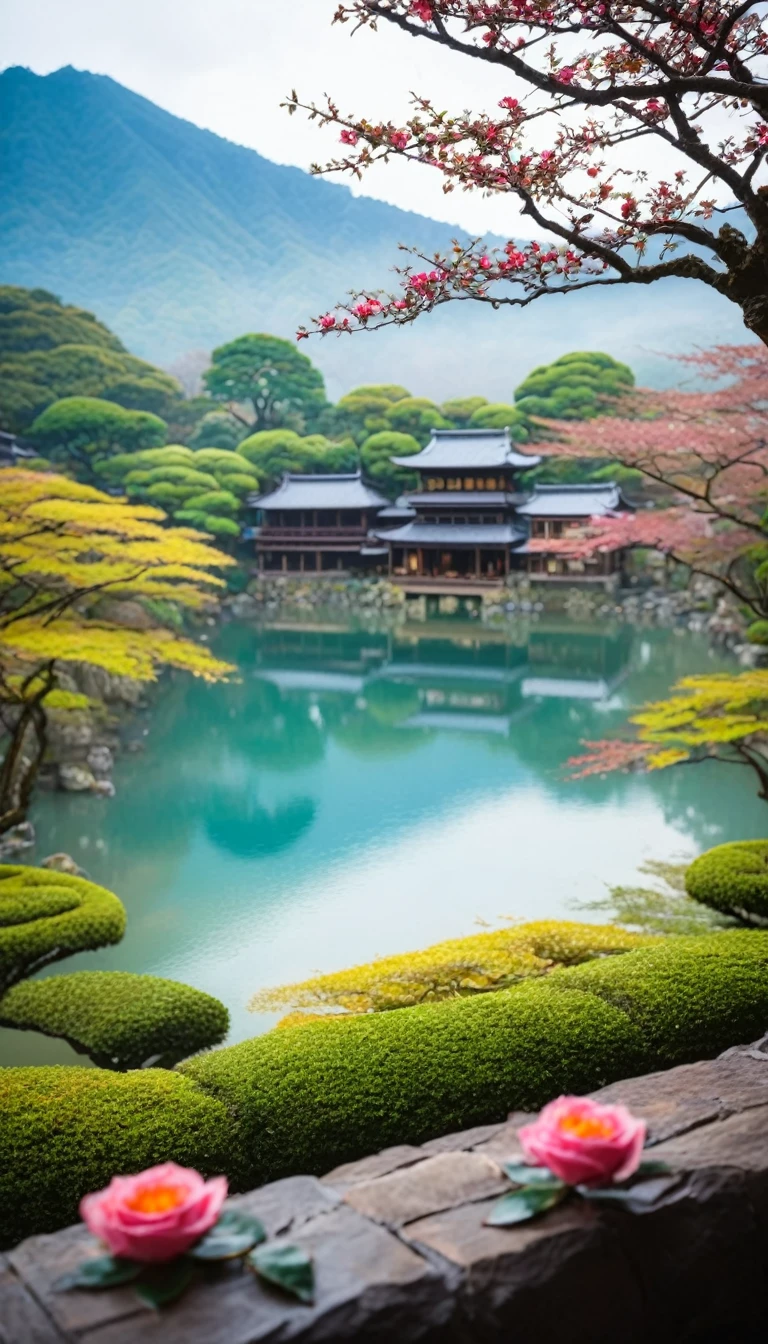 girl in traditional japanese costume playing flute, ancient house lit up with lights, big cherry tree, flowing waterfall, Cô gái xinh đẹp, đôi mắt tỉ mỉ, khuôn mặt tỉ mỉ, bàn tay tỉ mỉ, quiet morning atmosphere, soft focus, warm light, elegant rose petals, japanese zen garden, majestic beautiful blue lake in the background, peaceful mountains, mysterious mist, warm color effect, delicate bokeh effect, shallow DOF, style of Takashi Hiroaki, japanese ink painting, high contrast, cinematic, surreal, 8k, detailed texture, vibrant colors, intricate details, meditative atmosphere