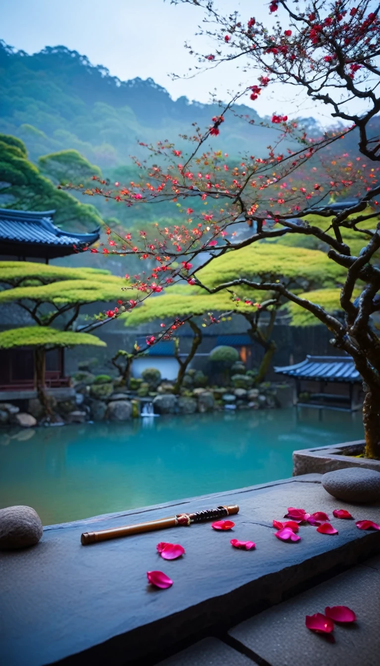 girl in traditional japanese costume playing flute, ancient house lit up with lights, big cherry tree, flowing waterfall, Cô gái xinh đẹp, đôi mắt tỉ mỉ, khuôn mặt tỉ mỉ, bàn tay tỉ mỉ, quiet morning atmosphere, soft focus, warm light, elegant rose petals, japanese zen garden, majestic beautiful blue lake in the background, peaceful mountains, mysterious mist, warm color effect, delicate bokeh effect, shallow DOF, style of Takashi Hiroaki, japanese ink painting, high contrast, cinematic, surreal, 8k, detailed texture, vibrant colors, intricate details, meditative atmosphere