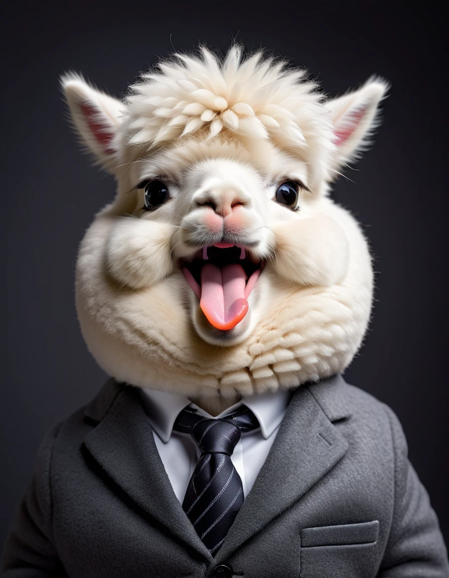 face close up photo of anthropomorphic fat cute white alpaca,(furry), dressed in a dark gray suit, (sticking out tongue:1.5),(happy smile:1.5),(naughty look), roomlighting, Cinematic, hdr, primitive, Intricate, High quality, smoothing tones, Intricate details, Low contrast,(viewed from above:2.0), (looking up to the side:1.8), simple background