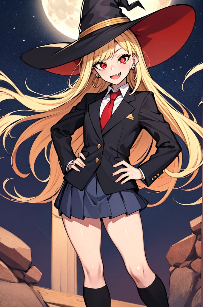 (absurdres, 8k, 4k, masterpiece, hyper extreme detailed:1.2), solo, perfect anatomy, cowboy shot, 1girl, front view, perfect face, 1girl, portrait, standing, Female, Mature Female, very long hair, 8k uhd, 1girl, slender, cowboy shot, standing, full body, front view, red tie, night sky, moon, stockings, big witch hat, witch, blonde hair, piercings, earrings, detailed eyes, expressive eyes, colorful pupils, blazer, skirt, smile, fang tooth, red eyes, earrings, hand on hip, flat chest, looking forward, front view, messy hair, wind, windy, moving hair, moving clothes, swept bangs, mature body, gyaru, crazy face, crazy eyes, crazy smile,