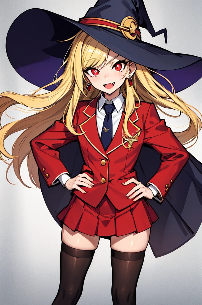 (absurdres, 8k, 4k, masterpiece, hyper extreme detailed:1.2), solo, perfect anatomy, cowboy shot, 1girl, front view, perfect face, 1girl, portrait, standing, Female, Mature Female, very long hair, 8k uhd, 1girl, slender, cowboy shot, standing, full body, front view, red tie, night sky, moon, stockings, big witch hat, witch, blonde hair, piercings, earrings, detailed eyes, expressive eyes, colorful pupils, blazer, skirt, smile, fang tooth, red eyes, earrings, hand on hip, flat chest, looking forward, front view, messy hair, wind, windy, moving hair, moving clothes, swept bangs, mature body, gyaru, crazy face, crazy eyes, crazy smile,