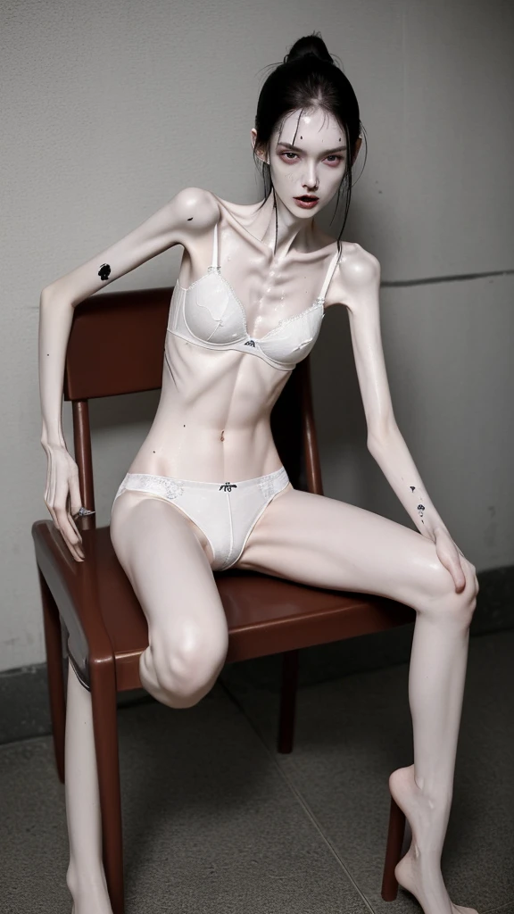 a woman, very thin body, body visible bones, very slender, sweaty wet body, pale white skin, panties, bra,tatto, full body, has a mental breakdown in an underground prison, sit on chair