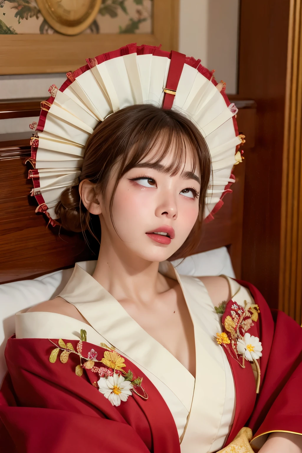 ((Highest quality)), ((masterpiece)), (detailed), One girl, Brown Hair, White kimono,Painful face,Are sleeping,bright red face