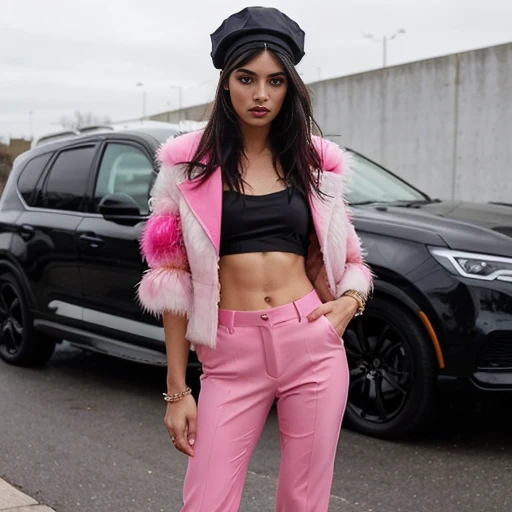 This image presents a striking, visually captivating depiction of a fashionable, flamboyant handsome male supermodel . The man is wearing an ensemble that combines a variety of bold, attention-grabbing elements, creating a dramatic and eye-catching look.

The centerpiece of the outfit is a vibrant, feathered jacket in a vivid shade of pink. The jacket features an abundance of soft, fluffy feathers that cascade down the front and back, giving the garment a luxurious, opulent appearance. The feathers appear to be meticulously arranged, adding to the overall visual impact.

Underneath the jacket, the individual is wearing a simple, form-fitting tank top that showcases their toned, muscular physique. This juxtaposition between the extravagant, feathered jacket and the minimalist, revealing top creates an intriguing visual contrast.

The individual's lower body is adorned in a pair of matching pink pants, cut in a slim, tailored silhouette that complements their figure. The pants appear to be made of a shiny, satin-like material, further contributing to the overall sense of extravagance and showmanship.((no hat or cap, nothing on his dark silky hair)) 

Completing the ensemble is a bold, statement-making headpiece. The headpiece features an abundance of soft, wispy feathers in a complementary shade of pink, creating a dramatic, avant-garde effect that draws the viewer's attention and frames the individual's face.

The overall styling and presentation in this image convey a strong sense of personal expression, individuality, and a willingness to embrace bold, unconventional fashion choices. The setting, with the urban backdrop and the parked vehicle, provides a compelling juxtaposition that heightens the visual impact of this eye-catching, flamboyant fashion moment.