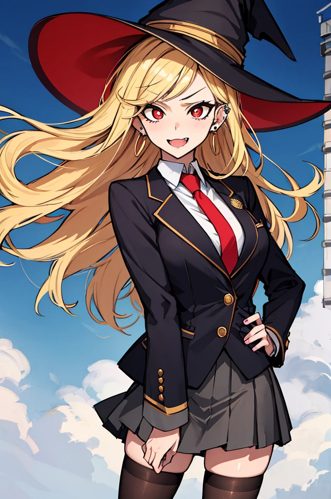 (absurdres, 8k, 4k, masterpiece, hyper extreme detailed:1.2), solo, perfect anatomy, cowboy shot, 1girl, front view, perfect face, 1girl, portrait, standing, adult, adult female, mature, Female, Mature Female, very long hair, 8k uhd, 1girl, slender, cowboy shot, standing, full body, front view, red tie, night sky, moon, stockings, big witch hat, witch, blonde hair, piercings, earrings, detailed eyes, expressive eyes, colorful pupils, blazer, skirt, smile, fang tooth, red eyes, earrings, hand on hip, flat chest, looking forward, front view, messy hair, wind, windy, moving hair, moving clothes, swept bangs, mature body, gyaru, crazy face, crazy eyes, disgusted, annoyed, colorful clothing,