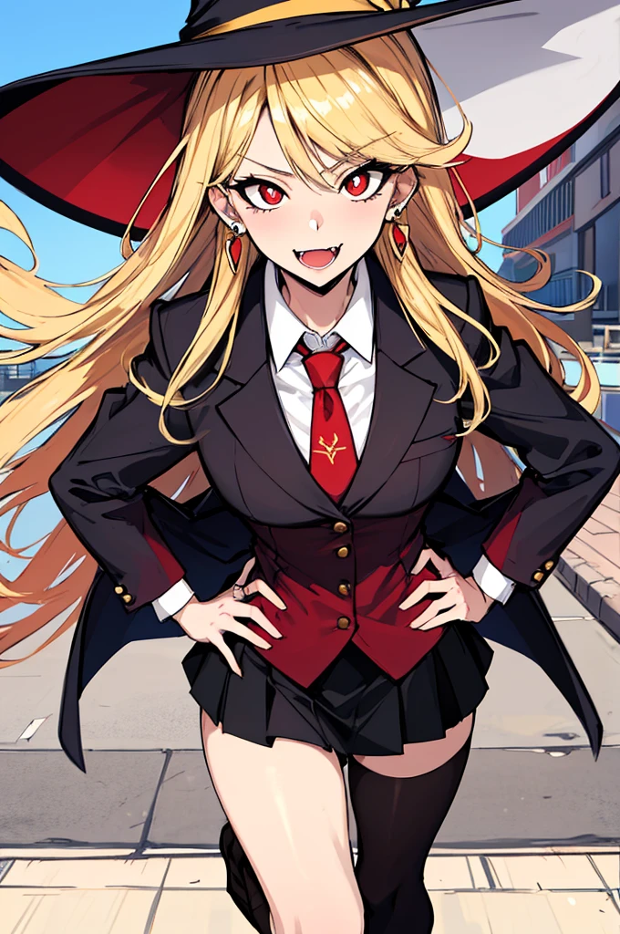 (absurdres, 8k, 4k, masterpiece, hyper extreme detailed:1.2), solo, perfect anatomy, cowboy shot, 1girl, front view, perfect face, 1girl, portrait, standing, adult, adult female, mature, Female, Mature Female, very long hair, 8k uhd, 1girl, slender, cowboy shot, standing, full body, front view, red tie, night sky, moon, stockings, big witch hat, witch, blonde hair, piercings, earrings, detailed eyes, expressive eyes, colorful pupils, blazer, skirt, smile, fang tooth, red eyes, earrings, hand on hip, flat chest, looking forward, front view, messy hair, wind, windy, moving hair, moving clothes, swept bangs, mature body, gyaru, crazy face, crazy eyes, disgusted, annoyed, colorful clothing,