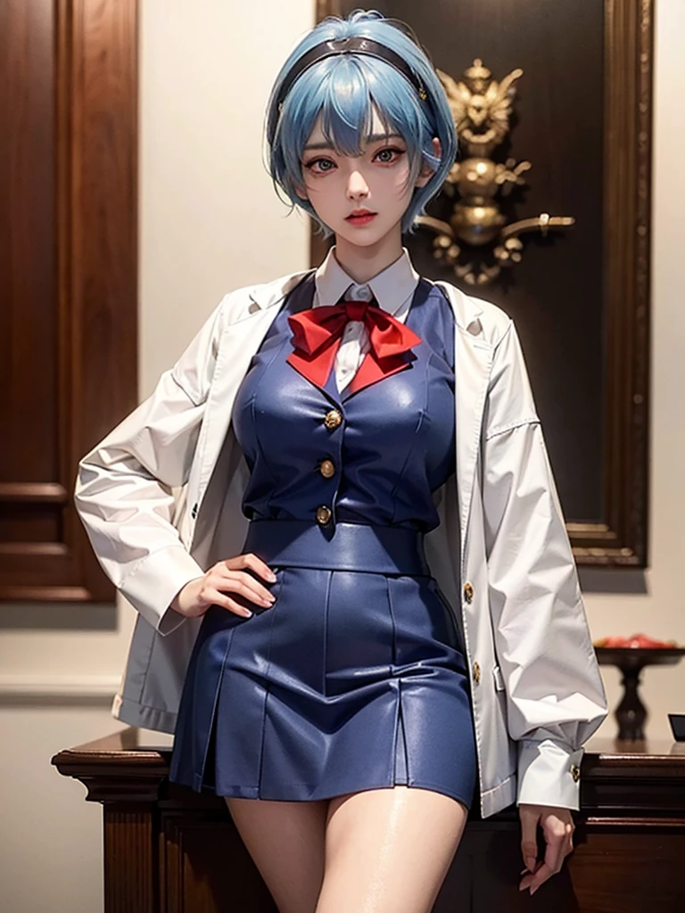 masterpiece, Highest quality, 8K, Detailed skin texture, Detailed cloth texture, Beautifully detailed face, Intricate details, Very detailed, Portrait of Rei Ayanami, Blue Hair, mini skirt,uniform,Red eyes, Remember, The background is white