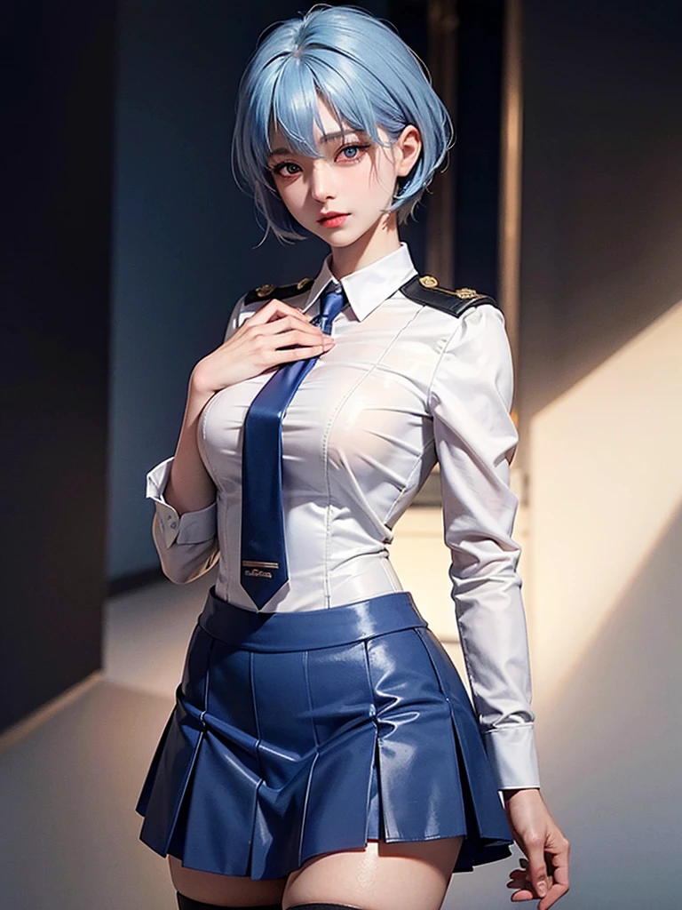 masterpiece, Highest quality, 8K, Detailed skin texture, Detailed cloth texture, Beautifully detailed face, Intricate details, Very detailed, Portrait of Rei Ayanami, Blue Hair, mini skirt,uniform,Red eyes, Remember, The background is white
