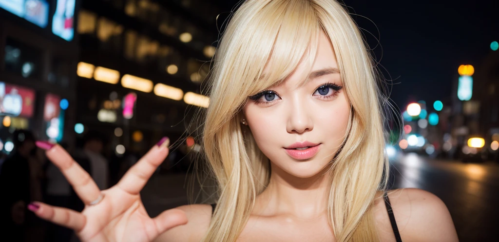 Blonde hair, winking, Shibuya night, heavy makeup