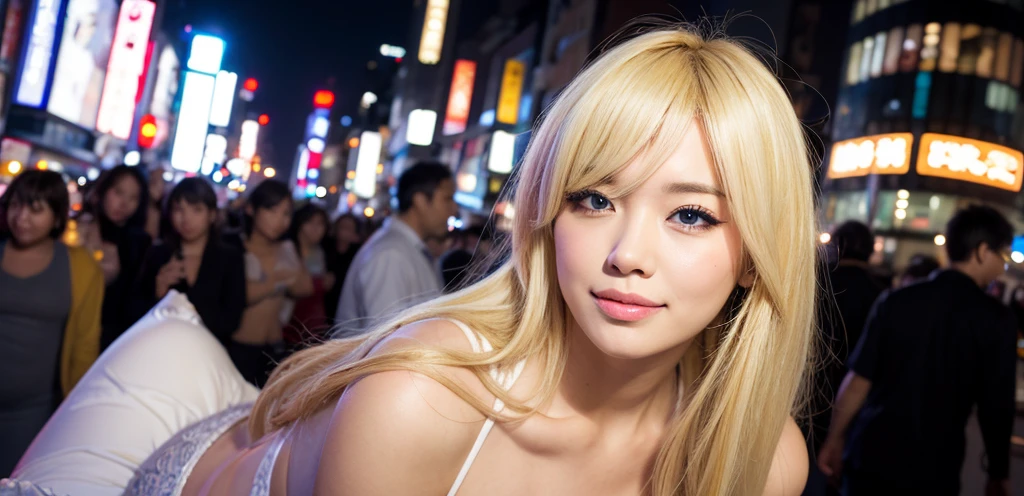 Blonde hair, winking, Shibuya night, heavy makeup