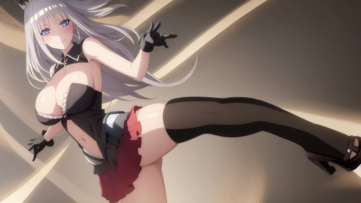 1 girl, very big breasts, very sexy body, 1 girl in, a smile, looks at the viewer, black shirt, super short white school miniskirt, full body, giant breasts, cleavage, giant breasts, heels, background in the mountains 1 girl , with big breasts. long legs QUEEN huge tits, (cleavage), high legs, (standing), sexy and muscular body. short skirt.4k hd