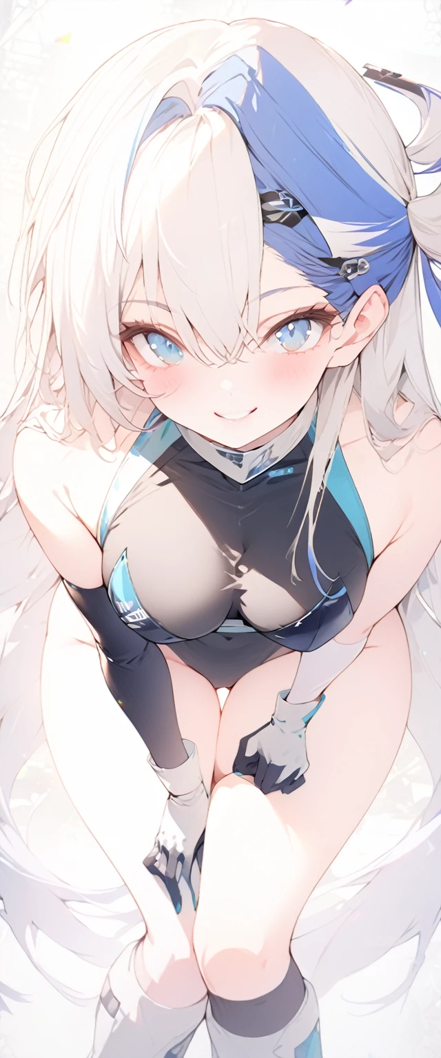 beautiful, masterpiece, Highest quality, anime, One girl, C Cup,Portrait Shot, View your viewers, Intricate details,>,((Covered、Long Hair、nearby、Blue Eyes、art、、White hair,Blue streaked hair、wallpaper、、hairpin、smile、Thighs、Sci-fi Race Queen、Plainer_Gloves、Plainer_Knee-high boots