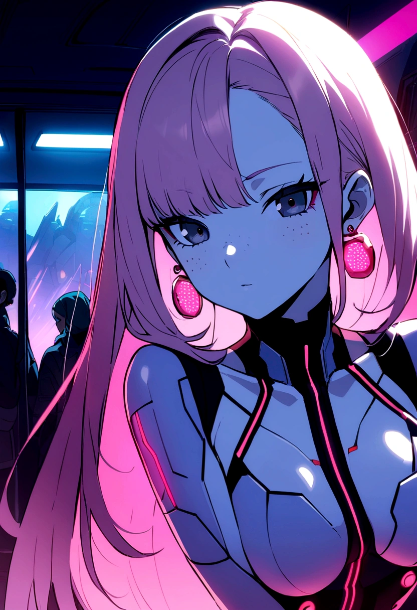 closeup, 1 girl, alone, [dark blue and pink hair: blue and pink hair:0.2], cyberpunk, high tech, V, mechanical parts, looking at audience, black eyes, long hair, luminous laser female super tech jumpsuit, cyberpunk mechanical body parts, with tattoos, interior, luminous laser earrings. high contrast, night, black, [freckles:0.9], reflective transparent rainbow, long hair, breasts, white skin most beautiful Korean woman's face, seductive expression, (relaxed pose: 1.5), eva, complex background, Sony a6300, extremely beautiful and gorgeous anime illustration, with cinematic perspective，(relaxed pose: 1. 5), eva, complex background, Sony a6300, extremely beautiful and gorgeous anime illustration with a cinematic perspective.